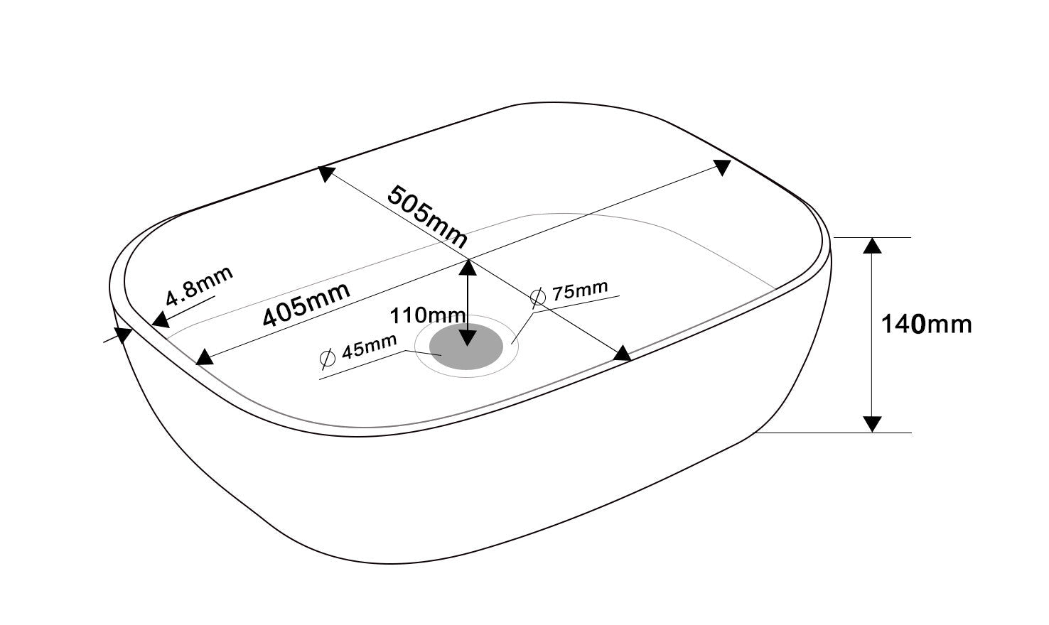 505*405*140mm Oval Above Counter Basin High Gloss White Ceramic Wash Basin size guide 1