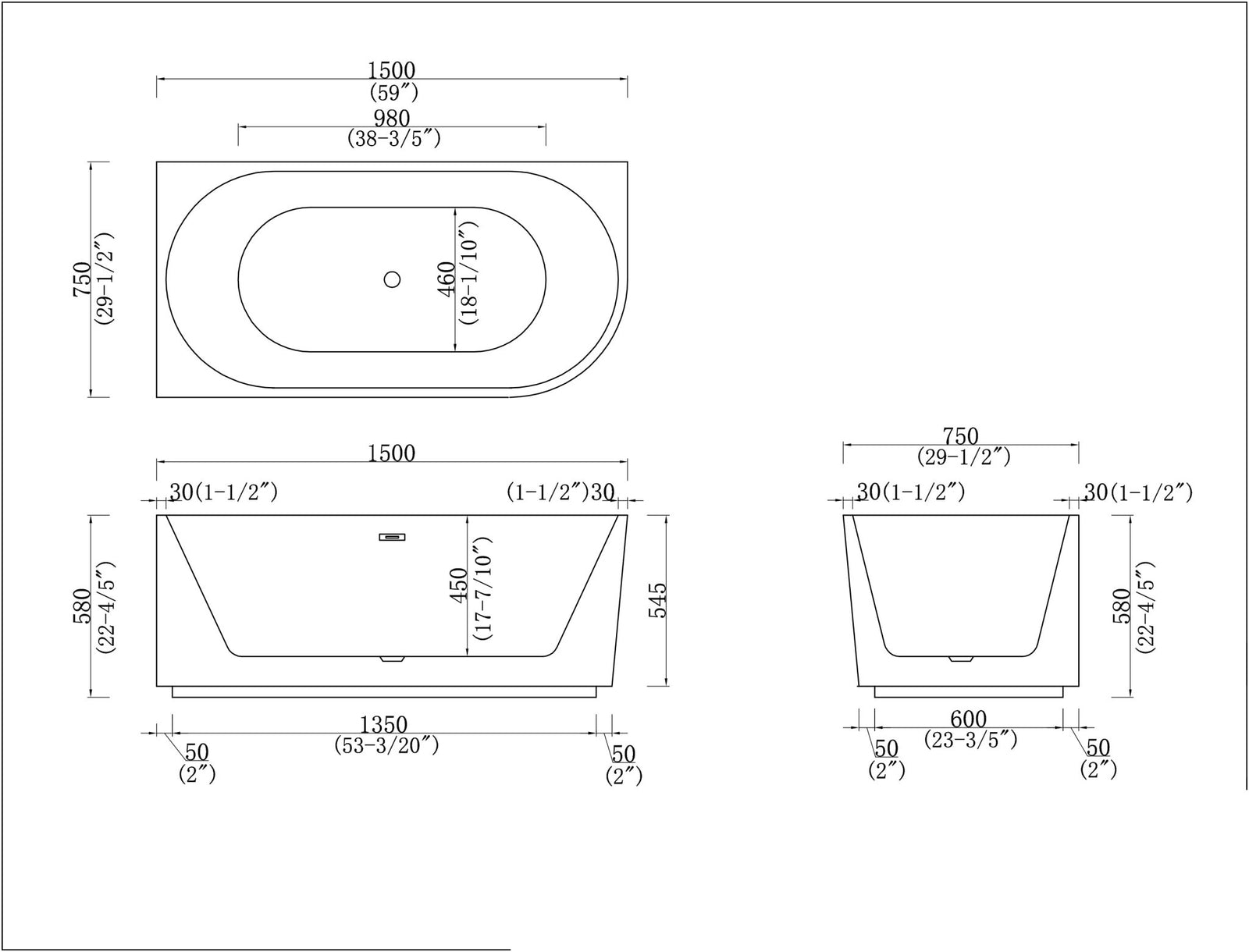1500x750x580mm Fluted Corner Bathtub | Left-Hand Acrylic Freestanding Bath Gloss White size guide 1