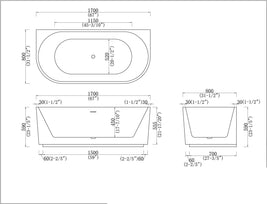 1500x750x590mm Fluted Back-To-Wall Bathtub | Gloss White Acrylic Bath NZ - NZHomeware