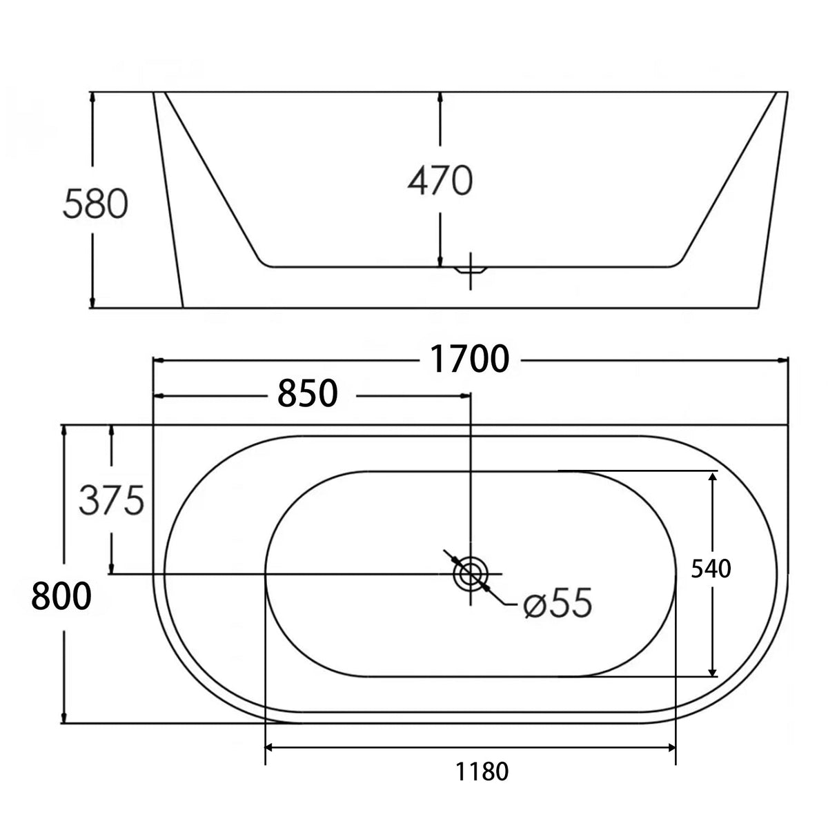 1700x800x580mm Back To Wall Freestanding Acrylic Apron Black Bath Tub size guide 1