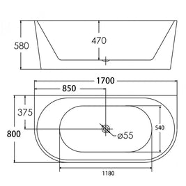 1700x800x580mm Back To Wall Freestanding Acrylic Apron Black Bath Tub - NZHomeware