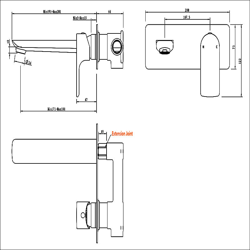 Black Bathtub/Basin Wall Mixer With Spout Wall Mounted Color Up Extend size guide 1