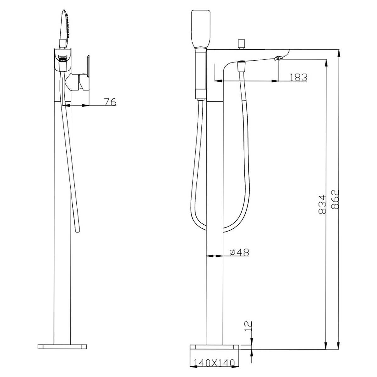 Chrome Freestanding Bathtub Mixer with Handheld Shower Spout Floor Mounted size guide 1