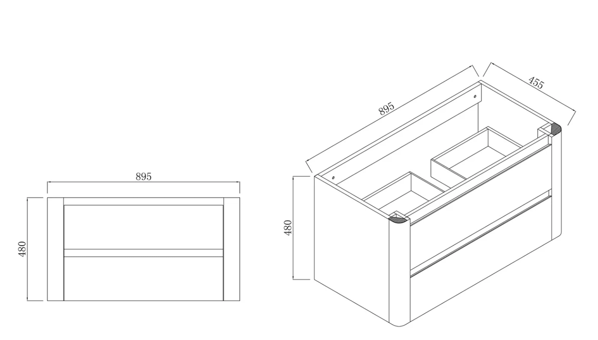 BROOKLYN 900MM Wall Hung Curved Edge Plywood Vanity-Oak Finish size guide 1