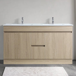 DNF 1200X460X830MM PLYWOOD FLOOR STANDING VANITY - LIGHT OAK WITH DOUBLE CERAMIC TOP - NZHomeware