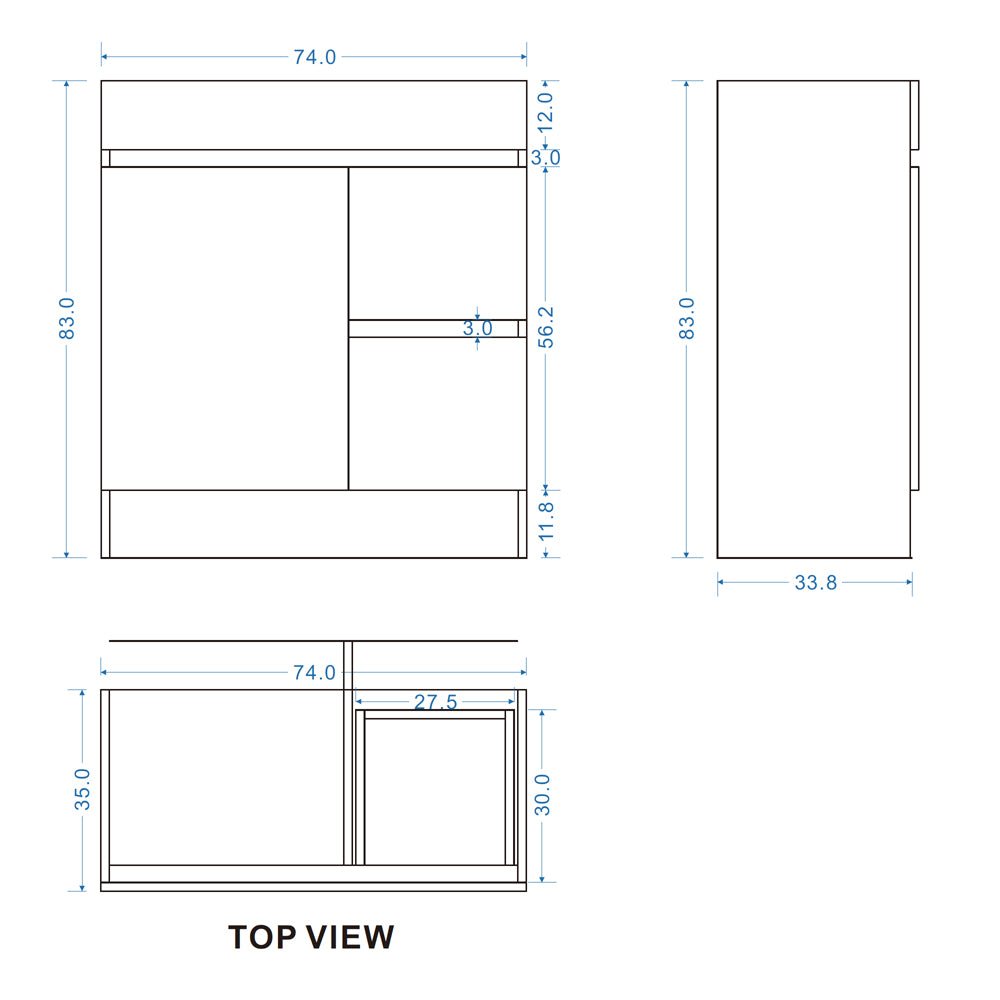 DNF SLIM 750X360X830MM PLYWOOD FLOOR STANDING VANITY - LIGHT OAK WITH CERAMIC TOP size guide 1
