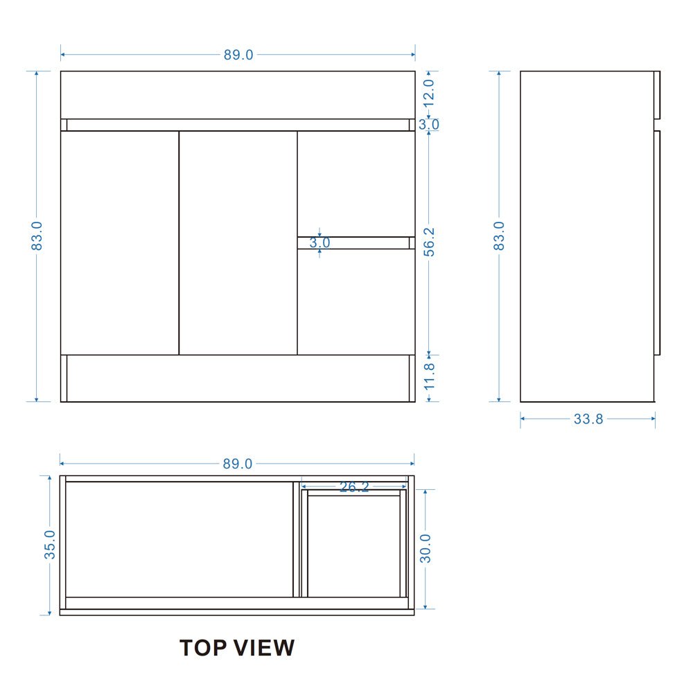 DNF SLIM 900X360X830MM PLYWOOD FLOOR STANDING VANITY - LIGHT OAK WITH CERAMIC TOP size guide 1