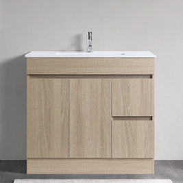 DNF SLIM 900X360X830MM PLYWOOD FLOOR STANDING VANITY - LIGHT OAK WITH CERAMIC TOP - NZHomeware