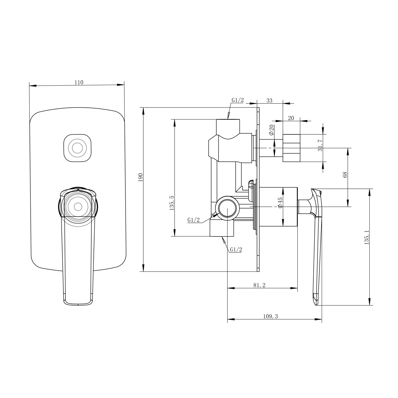 Esperia Matt Black & Rose Gold Solid Brass Wall Mounted Mixer with Diverter for shower and bathtub size guide 1