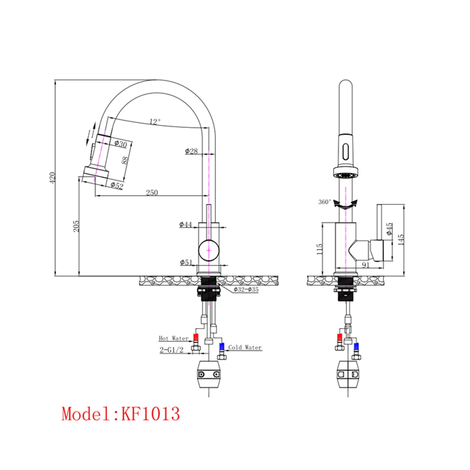 Euro Round Chrome Pull Out/Down Spray Kitchen/Laundry Sink Mixer Taps Swivel Kitchen Tapware size guide 1
