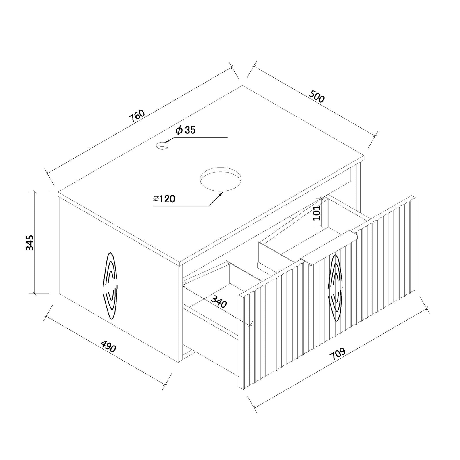 750mm Light Oak Fluted Wall Hung Vanity size guide 1