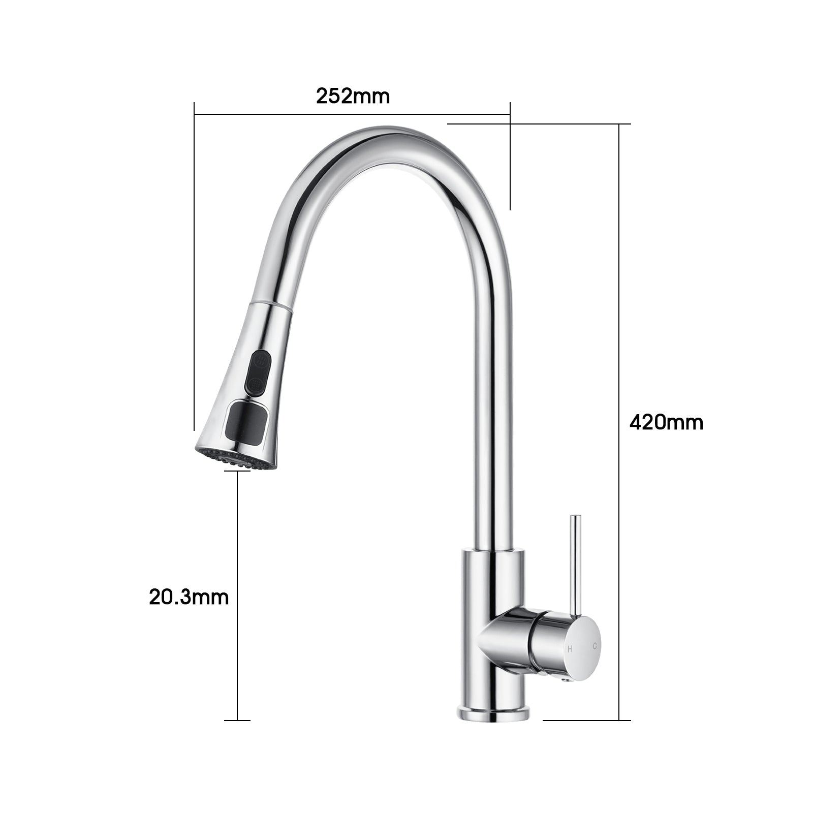 Gooseneck Pull Out LCD Display Kitchen Laundry Sink Mixer Tap 360° Swivel Chrome Faucet size guide 1