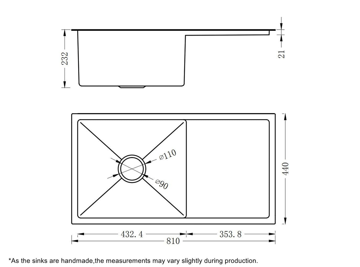 Handmade Single Bowl Kitchen Sink 810x440mm with Drainboard, Topmount, Corrosion & Oil Resistant size guide 1