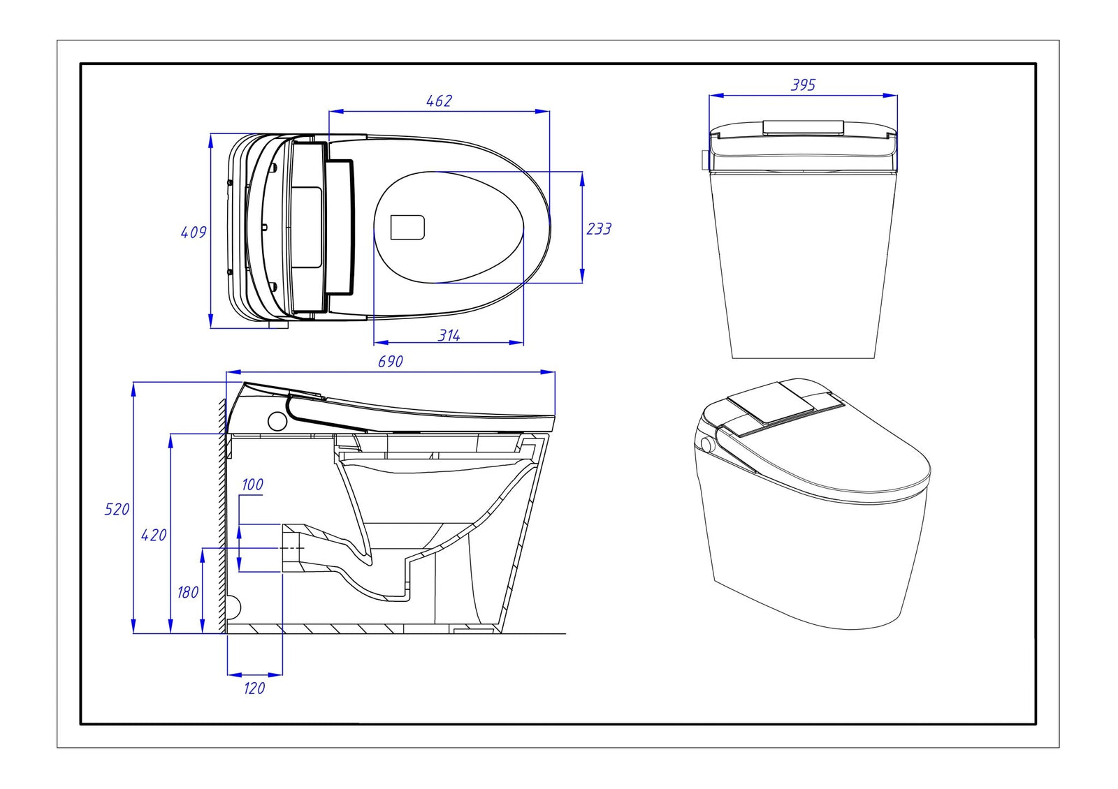 Integrated Smart Toilet with Instant Heating Auto Flush Concealed Water Tank size guide 1