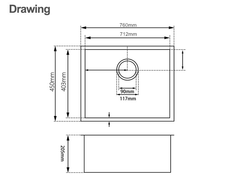 760x450x205mm 1.2mm Stainless Steel Handmade Single Bowl Top/Flush/Undermount Kitchen/Laundry Sink With Overflow size guide 1
