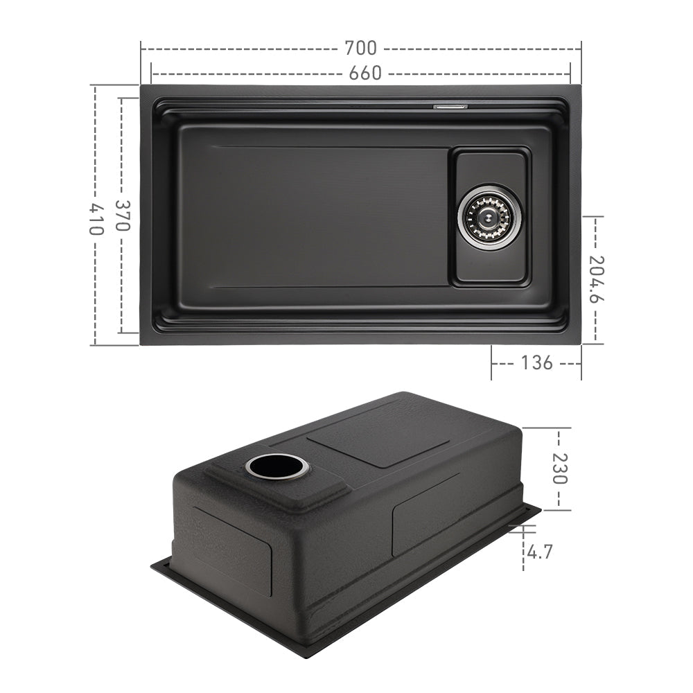 700x410mm Premium Nano Gunmetal Grey Kitchen Sink Anti-Scratch Embossed Texture Single Bowl size guide 1