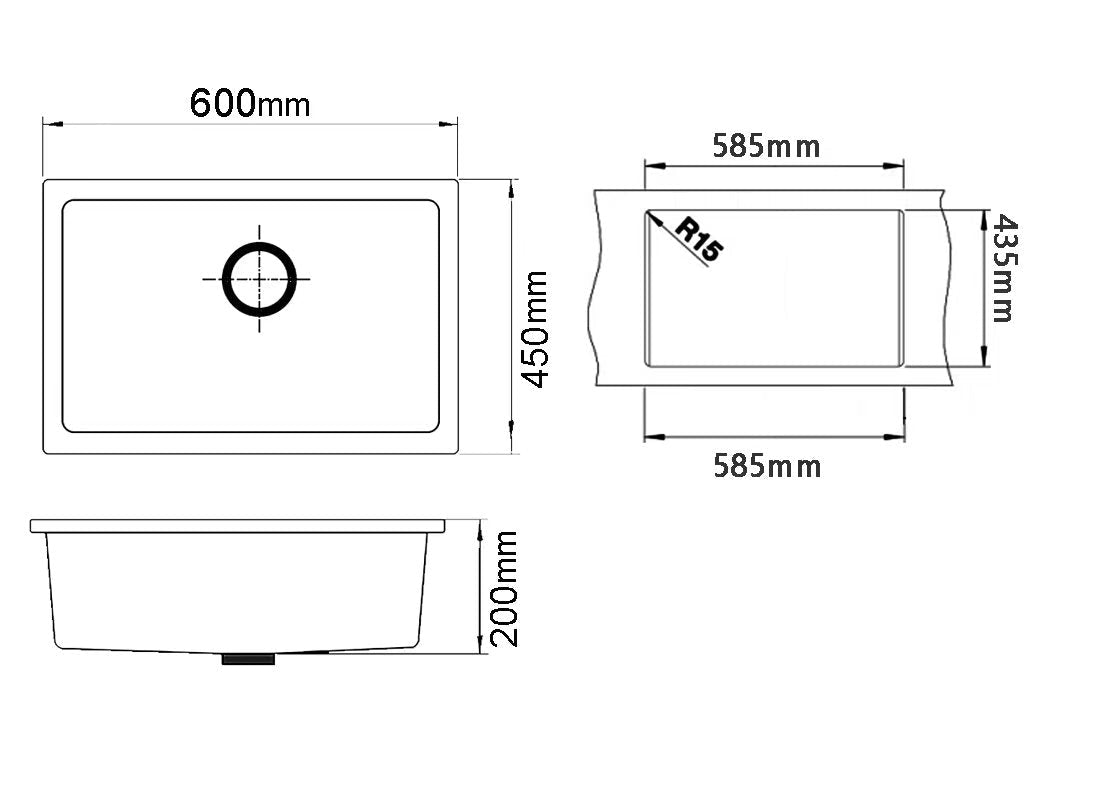 White Granite Composite Kitchen Sink 600x450mm Single Bowl with Overflow, Top/Undermount size guide 1