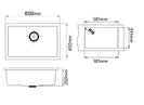 White Granite Composite Kitchen Sink 600x450mm Single Bowl with Overflow, Top/Undermount - NZHomeware