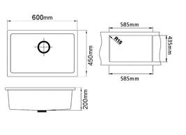 Black Granite Kitchen Sink 600x450mm Single Bowl, Top/Undermount, Scratch Resistant - NZHomeware