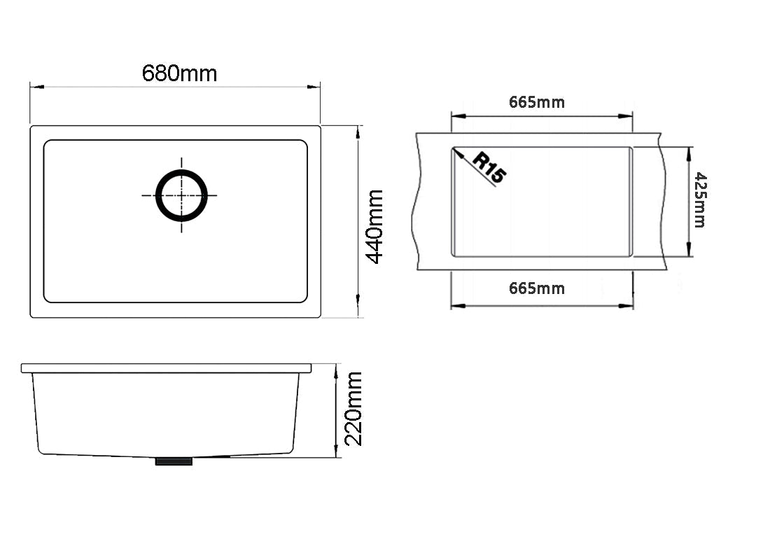 680x440x220mm Black Single Bowl Granite Quartz Stone Kitchen/Laundry Sink with Overflow Top/Under Mount size guide 1