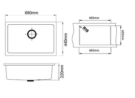 680x440x220mm Black Single Bowl Granite Quartz Stone Kitchen/Laundry Sink with Overflow Top/Under Mount - NZHomeware