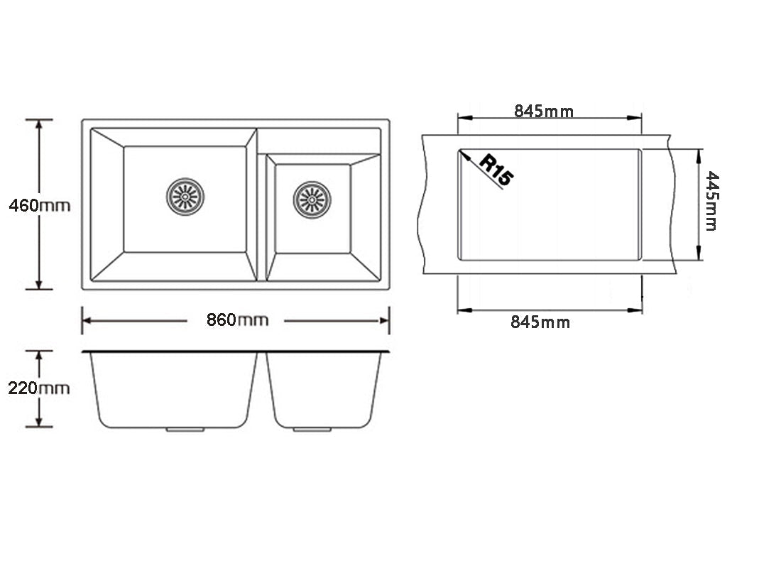 860x460 Black Granite Kitchen Sink Double Bowl Top Undermount size guide 1