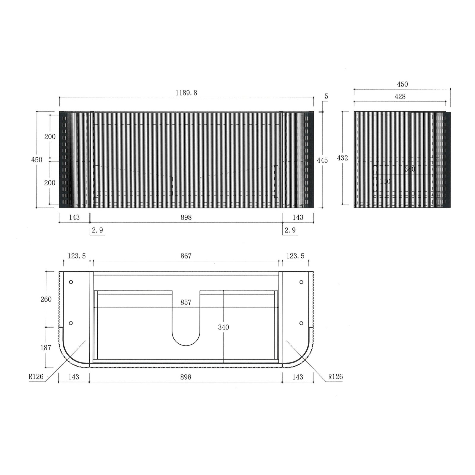 Luma 1200X455X450mm Plywood Matte White Fluted Curve Vanity With Flat Top size guide 2