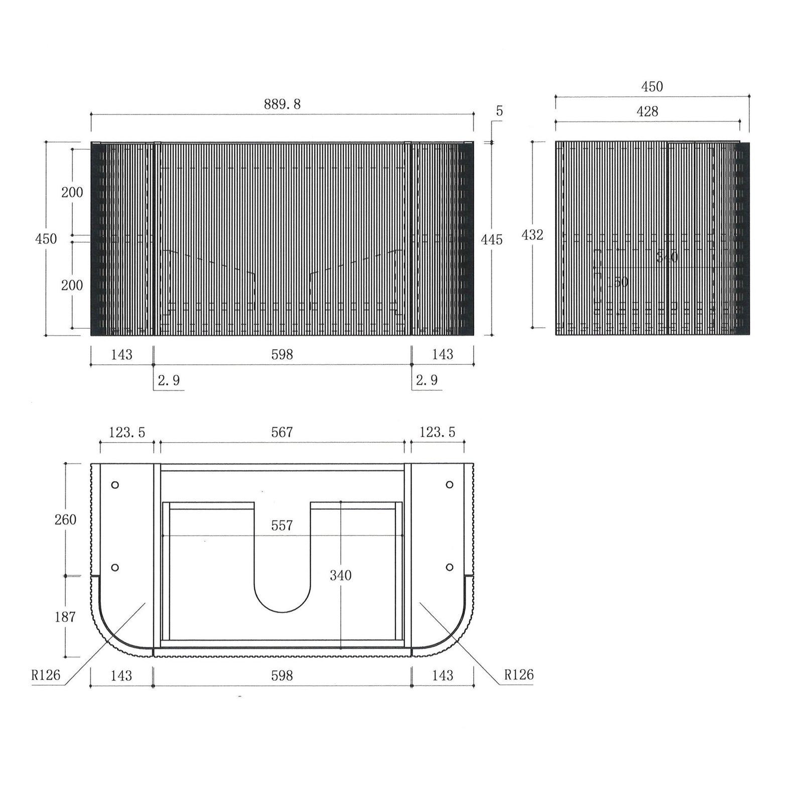 Luma 900X455X450mm Plywood Matte White Fluted Curve Vanity With Flat Top size guide 2