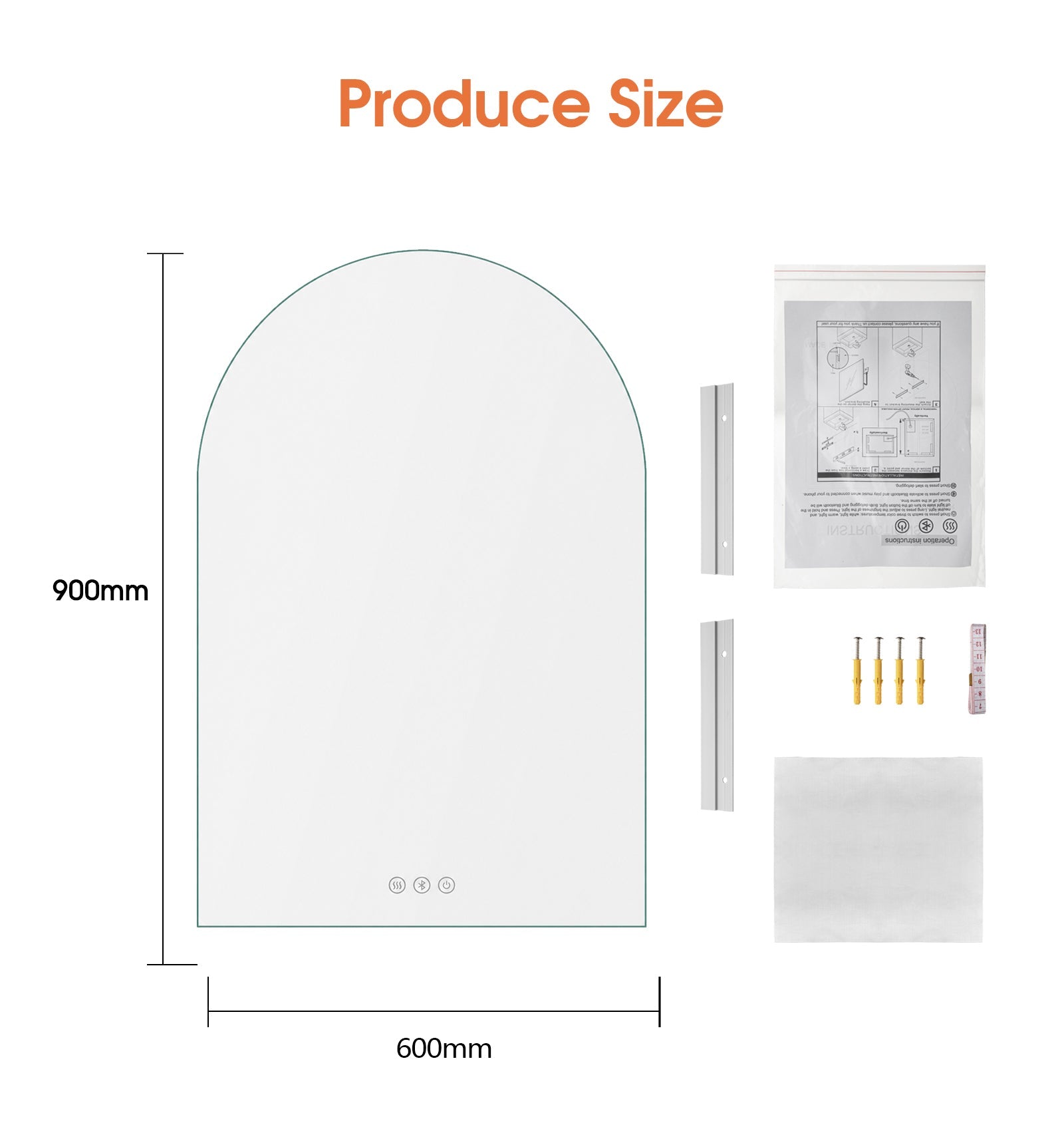600x900mm Arched LED Wall Mirror with Bluetooth Speaker Dimister Touch Switch 3 Colours Lighting size guide 1