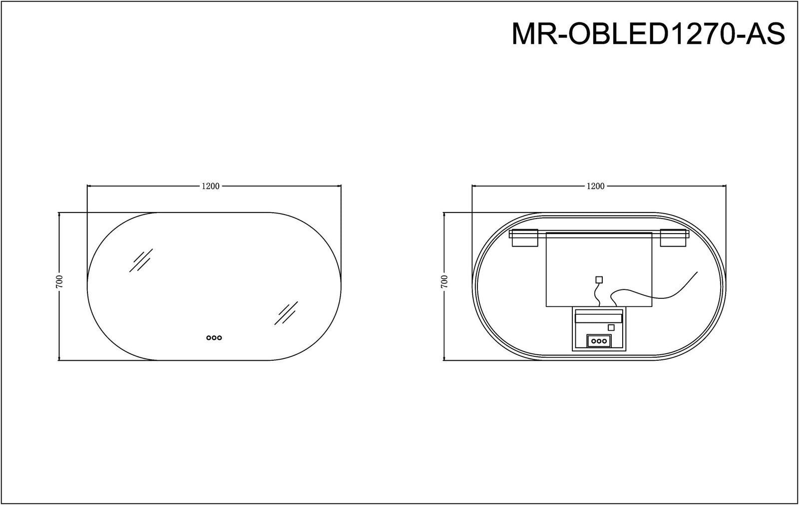 1200x700mm Backlit Led Mirror Oblong Racetrack Motion Sensor Demister Touch Sensor Switch size guide 1