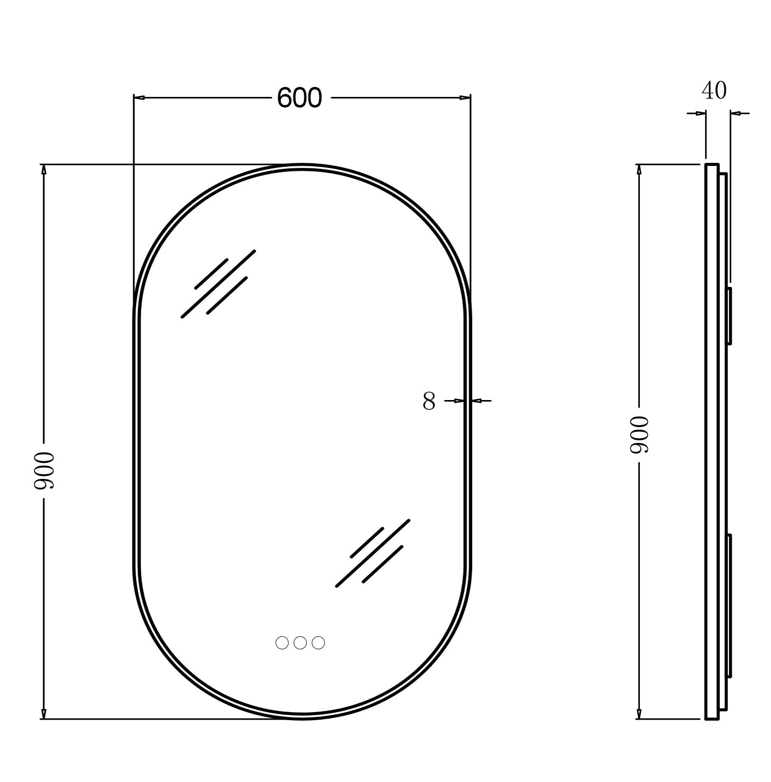 600x900mm Backlit Brushed Yellow Gold Frame Led Mirror Oblong Racetrack Motion Sensor size guide 1