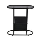 Narrow Oval Tempered Glass Side Table with Magazine Storage | Grey Glass & Black Steel NZ - NZHomeware