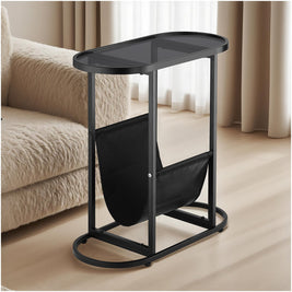 Narrow Oval Tempered Glass Side Table with Magazine Storage | Grey Glass & Black Steel NZ - NZHomeware