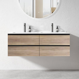 NELSON 1200X460X580MM PLYWOOD WALL HUNG VANITY - BLACK AND LIGHT OAK WITH DOUBLE CERAMIC TOP - NZHomeware