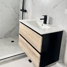 NELSON 600X460X580MM PLYWOOD WALL HUNG VANITY - BLACK AND LIGHT OAK WITH CERAMIC TOP - NZHomeware