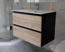 NELSON 600X460X580MM PLYWOOD WALL HUNG VANITY - BLACK AND LIGHT OAK WITH CERAMIC TOP - NZHomeware