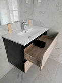 NELSON 750X460X580MM PLYWOOD WALL HUNG VANITY - BLACK AND LIGHT OAK WITH CERAMIC TOP - NZHomeware