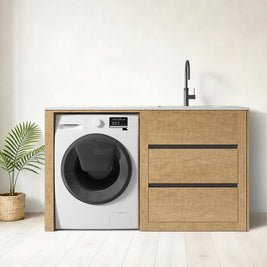 1500MM Light Oak Laundry Tub - Plywood Cabinet&Marble Bench with Sink - NZHomeware