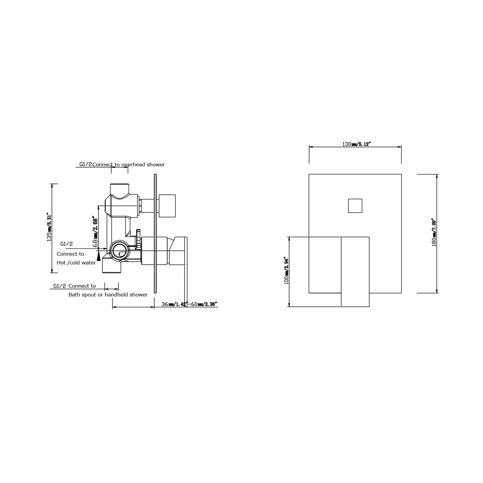 Ottimo/Omar Nero Black Shower/Bath Mixers Diverter size guide 1