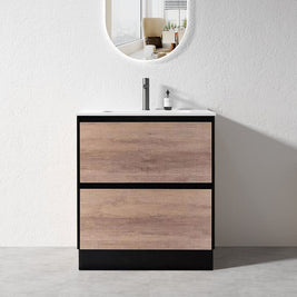 POLO 750X460X850MM PLYWOOD FLOOR STANDING VANITY - BLACK AND LIGHT OAK WITH CERAMIC TOP - NZHomeware