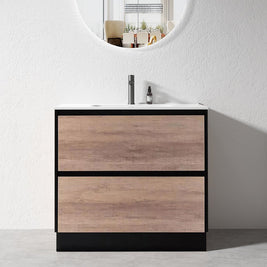 POLO 900X460X850MM PLYWOOD FLOOR STANDING VANITY - BLACK AND LIGHT OAK WITH CERAMIC TOP - NZHomeware