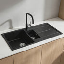 1000x500x210mm Black Granite Stone Kitchen Sink Double Bowls With Drainboard