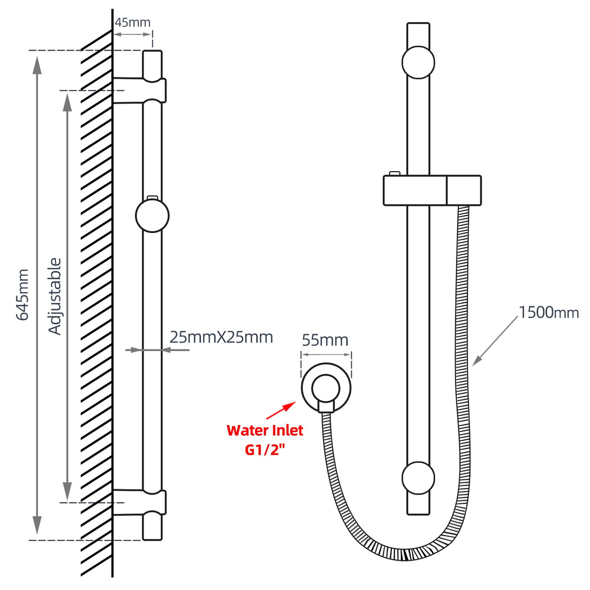 Round Chrome Adjustable Shower Rail with Handheld Shower Set size guide 1