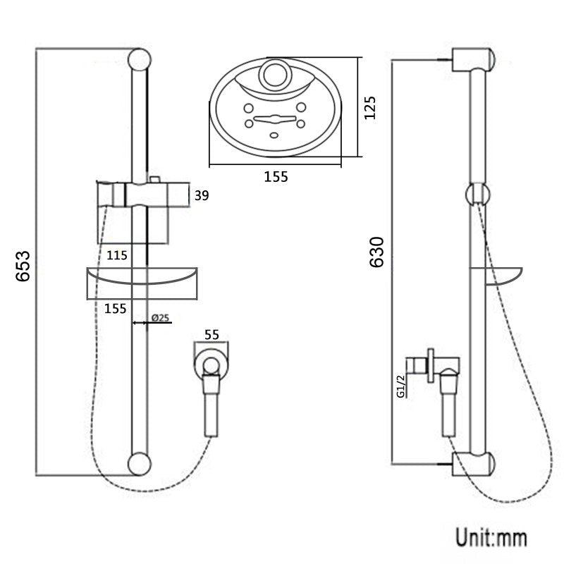 Round Chrome Shower Rail Sliding Holder with Soap Dish Water Hose & Wall Connector size guide 1