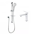 Round Chrome Shower Slider with Sliding Handpiece Holder & Soap Dish With Solid Brass White & Chrome Basin Mixer Tap Combo - NZHomeware