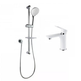 Round Chrome Shower Slider with Sliding Handpiece Holder & Soap Dish With Solid Brass White & Chrome Basin Mixer Tap Combo - NZHomeware