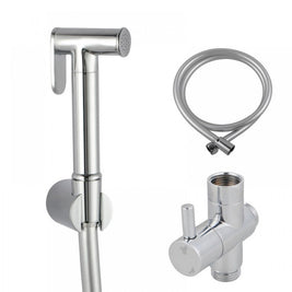 Round Chrome Toilet Bidet Spray Wash Kit with Diverter Tap Set 1.2m PVC Water Hose - NZHomeware