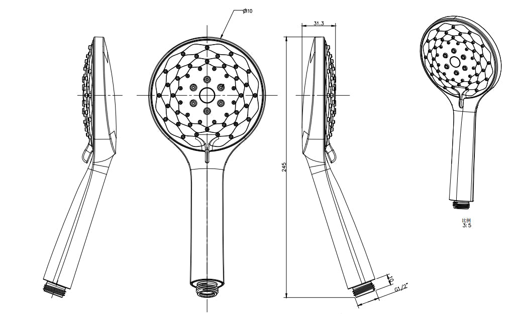 Round Chrome&White ABS 3 Function Handheld Shower Only size guide 1