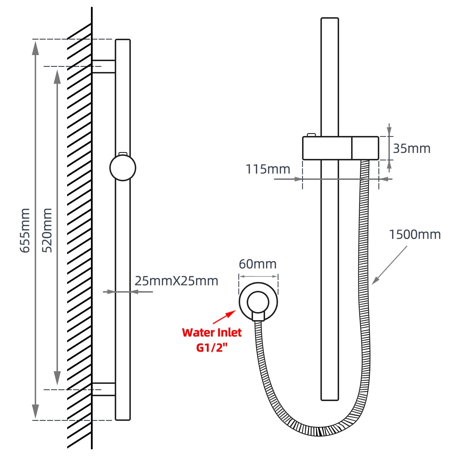 Round Matt Black Shower Rail With Hand Held Shower Set size guide 1