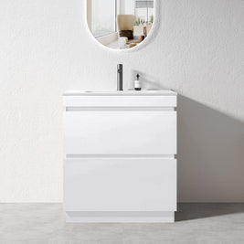 SLIM 750X360X860MM PLYWOOD FLOOR STANDING VANITY - GlOSS WHITE WITH CERAMIC TOP - NZHomeware